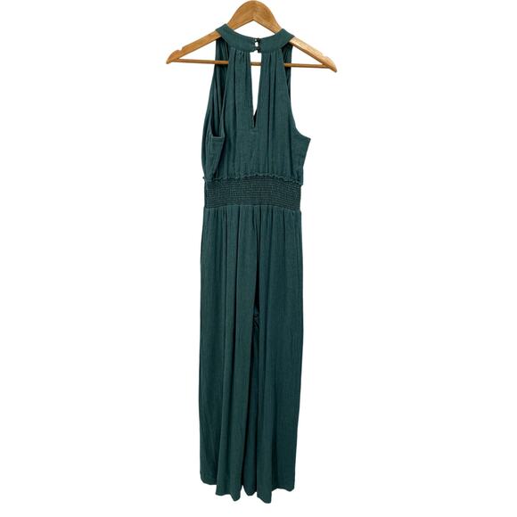 Anthropologie S Bionda Plisse Jumpsuit Green Sleeveless Smocked Wide Leg - Picture 4 of 7
